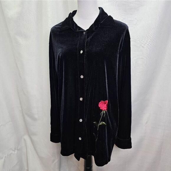 CLIO Black Vintage Velour Rose Button Down Shirt Size Medium - Picture 3 of 9